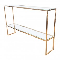 Slender brass and glass two shelf console